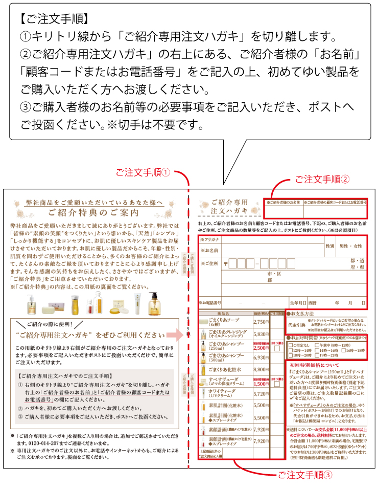 【ご注文手順】ご紹介者様の「お名前」「顧客コードまたはお電話番号」をご記入の上、初めてご購入の方にお渡しください。ご購入者様は必要事項を記入の上、ポストへご投函ください。(切手不要)